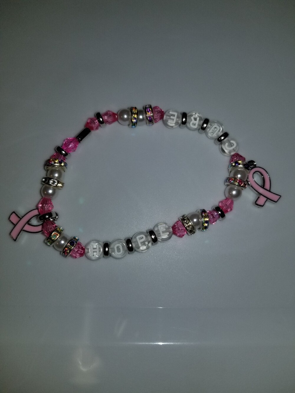NWT Handcrafted Cure & Hope Pink, White & Silver Breast Cancer Bracelet.